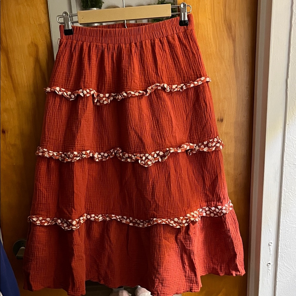 Alice Blue Rust Ruffle Midi Skirt